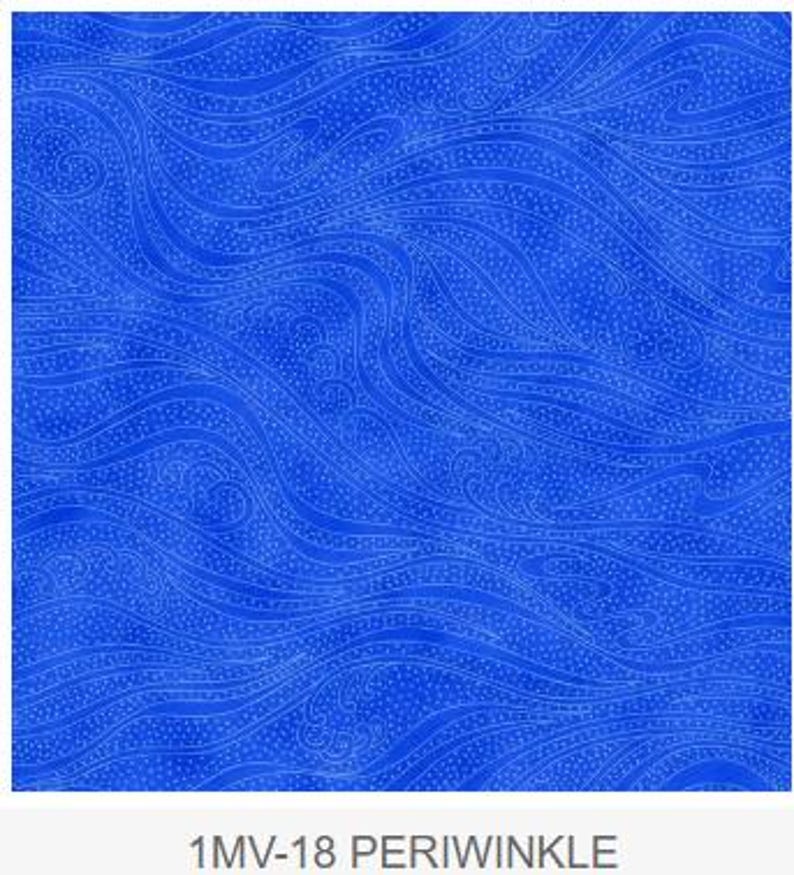 May include: A close-up of a fabric with a periwinkle blue wave pattern. The fabric has a repeating design of swirling lines and small dots. The text "1MV-18 PERIWINKLE" is at the bottom of the image.