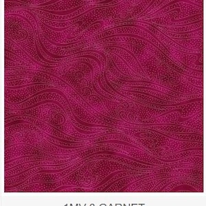 May include: A close-up of a fabric with a swirling, wave-like pattern in shades of garnet red. The design includes dotted lines and intricate details, with the text "1MV-8 GARNET" at the bottom.