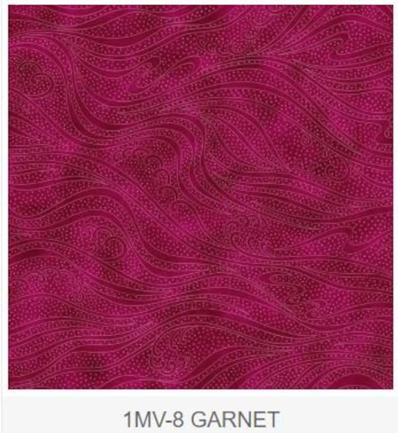 May include: A close-up of a fabric with a swirling, wave-like pattern in shades of garnet red. The design includes dotted lines and intricate details, with the text "1MV-8 GARNET" at the bottom.