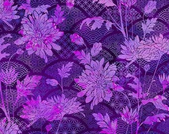 May include: A floral pattern featuring large purple chrysanthemum flowers and foliage against a dark purple background. The design incorporates geometric shapes, creating a layered and textured appearance. The color palette includes shades of purple and lavender.