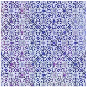 May include: A seamless pattern of purple and blue stylized flowers on a white background. The flowers are made up of small circles and lines that radiate outwards from the center.