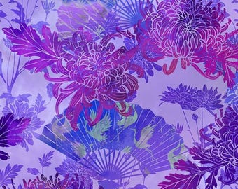 May include: A vibrant floral pattern featuring large, stylized purple chrysanthemums and fans with crane designs. The design incorporates shades of purple, magenta, and blue, creating a rich and detailed aesthetic. The background is a soft lavender.