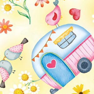 May include: Watercolor illustration of a whimsical camper with a blue door and pink accents, adorned with a heart. Pink and blue birds with polka dot wings and daisies are scattered around the camper on a yellow background.