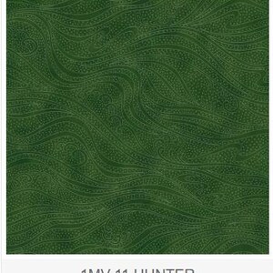 May include: Hunter green fabric with a swirling paisley design. The fabric features a darker green background with lighter green, detailed, wave-like patterns. The fabric is labeled "1MV-11 HUNTER" at the bottom.