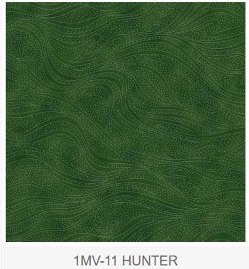 May include: Hunter green fabric with a swirling paisley design. The fabric features a darker green background with lighter green, detailed, wave-like patterns. The fabric is labeled "1MV-11 HUNTER" at the bottom.