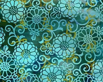 May include: A teal and white floral pattern with a dark teal background. The design features large, stylized flowers and swirling vines in a repeating pattern. The flowers have a detailed, open design.