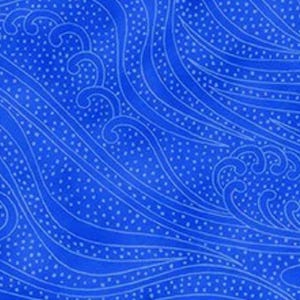 May include: A vibrant blue fabric with a repeating wave pattern. The design features stylized waves in a lighter shade of blue, accented with small white dots. This textile is suitable for various craft and sewing projects.