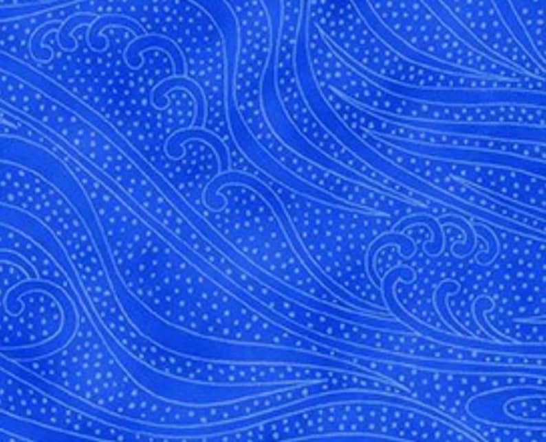 May include: A vibrant blue fabric with a repeating wave pattern. The design features stylized waves in a lighter shade of blue, accented with small white dots. This textile is suitable for various craft and sewing projects.