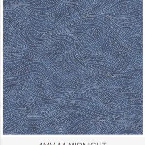 May include: A square of fabric with a repeating pattern of flowing lines and dotted accents in shades of navy blue and white. The text "1MV-14 MIDNIGHT" is printed at the bottom.