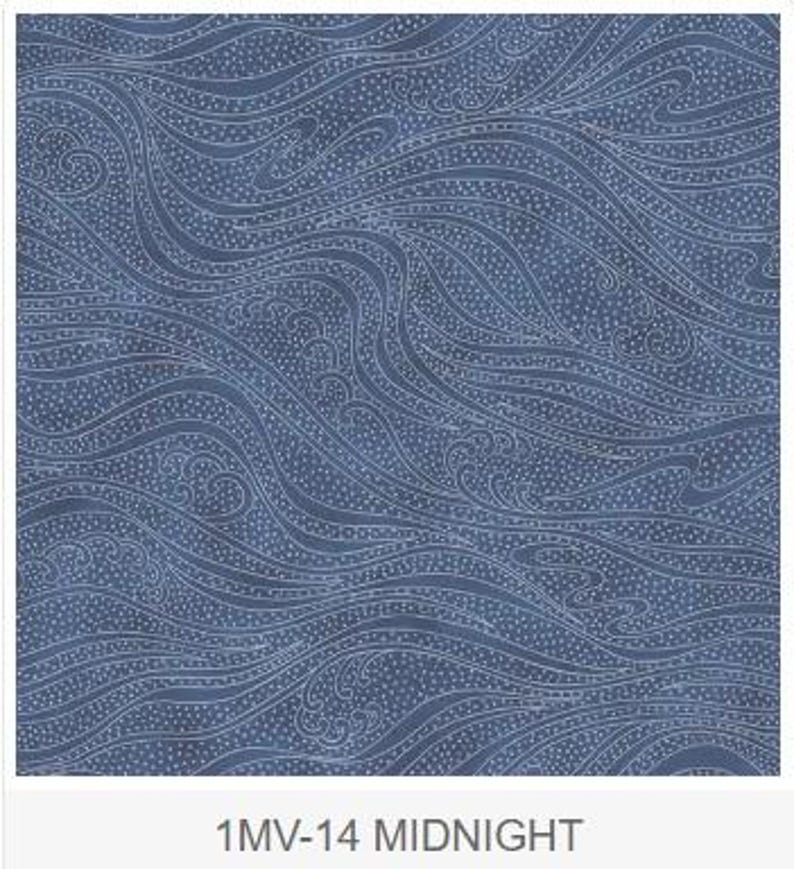 May include: A square of fabric with a repeating pattern of flowing lines and dotted accents in shades of navy blue and white. The text "1MV-14 MIDNIGHT" is printed at the bottom.