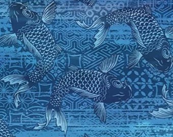 May include: A repeating pattern of dark blue koi fish swimming on a lighter blue background. The fish are detailed with scales and fins, and the background features a geometric design. The overall effect is a stylized, aquatic theme.