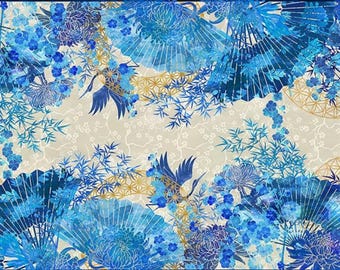 May include: A fabric panel featuring a Japanese-inspired design. The pattern includes blue cranes, fans, and floral elements against a cream background. Dark blue borders frame the design, with a repeating pattern. The overall aesthetic is elegant and detailed.