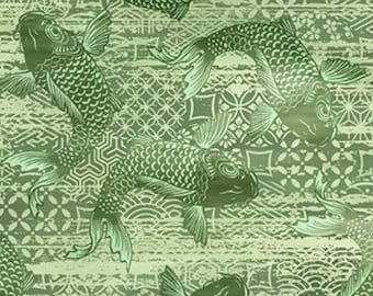 May include: A repeating pattern featuring stylized koi fish in shades of green. The fish are swimming amongst a background of geometric and floral designs. The overall aesthetic is reminiscent of traditional Japanese art.