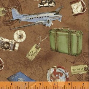 May include: A brown and tan fabric with a vintage travel theme. The fabric features a blue airplane, a green suitcase, a globe, a compass, a camera, a tag that says "Paris", and a watch.