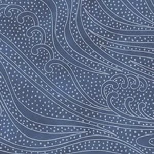 May include: Navy blue fabric with a white wave pattern. The design features stylized waves and small white dots, creating a textured and flowing appearance. The pattern is suitable for various applications.