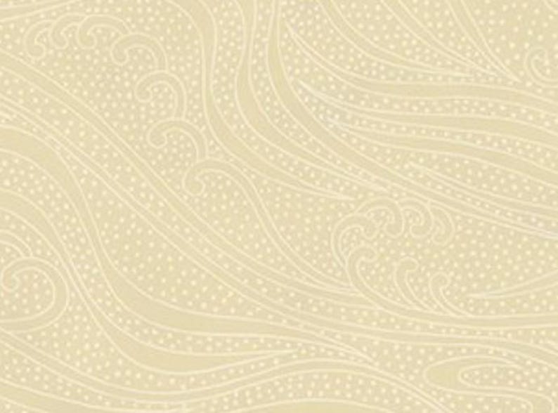 May include: Cream-colored fabric with a repeating pattern of flowing lines and dotted accents. The design evokes a sense of movement, with swirling shapes and a subtle texture. The overall aesthetic is soft and elegant.