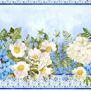 May include: A floral fabric design featuring a light blue background with a watercolor effect. The design includes white and blue hydrangeas, white flowers with yellow centers, and green foliage. A blue and white patterned border frames the floral arrangement.