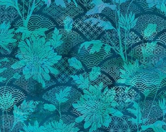 May include: A teal and navy blue floral pattern featuring large chrysanthemum blooms and stylized foliage. The design incorporates geometric shapes and fan-like motifs, creating a layered, textured effect. The overall aesthetic is reminiscent of Japanese art.