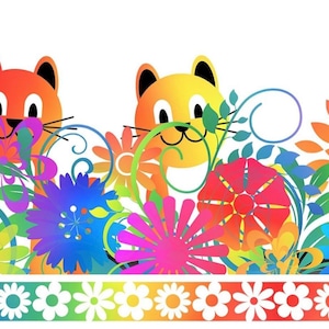 May include: A colorful repeating pattern featuring cartoon cats and flowers. The cats are in shades of blue, orange, yellow, and green. The flowers are in a variety of bright colors, including red, orange, yellow, blue, and purple. A white border with rainbow flowers completes the design.