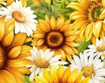 May include: A floral pattern featuring large, vibrant yellow sunflowers with dark brown centres interspersed with white daisies that have yellow centres. The design includes lush green leaves tucked between the flowers, creating a dense, colourful botanical arrangement.