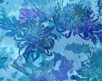May include: A seamless pattern featuring large, stylized blue chrysanthemum flowers with intricate white outlines. The design includes fan shapes and crane silhouettes on a light blue background, creating a floral and oriental theme.