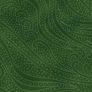 May include: Dark green fabric with a repeating pattern of stylized waves and small white dots. The design features flowing lines and swirling shapes, creating a sense of movement and texture. The overall aesthetic is reminiscent of traditional Japanese art.