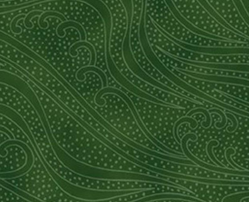 May include: Dark green fabric with a repeating pattern of stylized waves and small white dots. The design features flowing lines and swirling shapes, creating a sense of movement and texture. The overall aesthetic is reminiscent of traditional Japanese art.