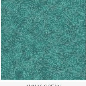 May include: Teal fabric with a wavy pattern resembling ocean waves. The design features white, dotted lines that create the flowing water effect. The fabric is labeled "1MV-16 OCEAN".