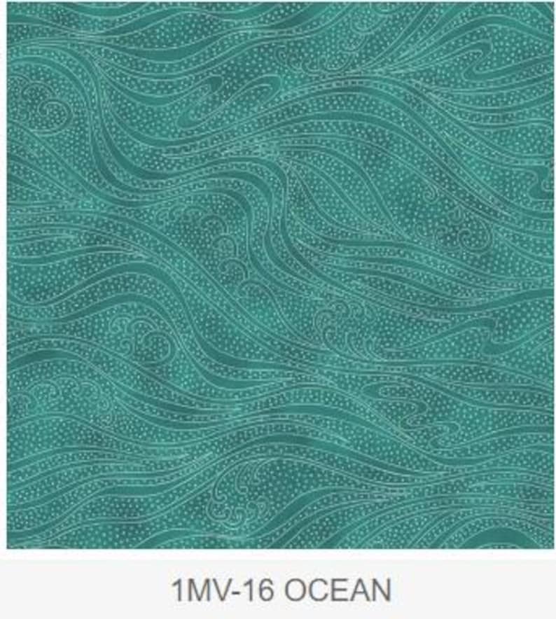 May include: Teal fabric with a wavy pattern resembling ocean waves. The design features white, dotted lines that create the flowing water effect. The fabric is labeled "1MV-16 OCEAN".