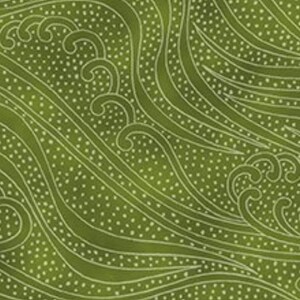 May include: A green fabric with a repeating pattern of white, stylized waves and small dots. The design has a flowing, organic feel, with the waves and dots creating a textured appearance.