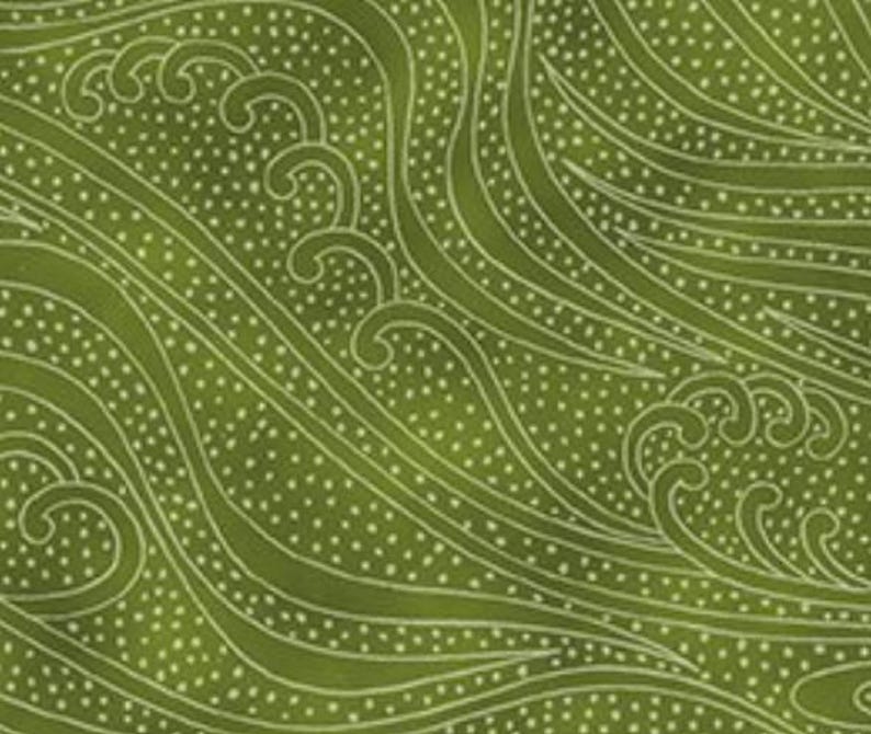 May include: A green fabric with a repeating pattern of white, stylized waves and small dots. The design has a flowing, organic feel, with the waves and dots creating a textured appearance.