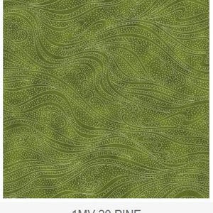 May include: Green fabric with a flowing, wave-like pattern. The design features white, dotted lines and swirls against a solid green background. The text "1MV-20 PINE" is at the bottom of the image.