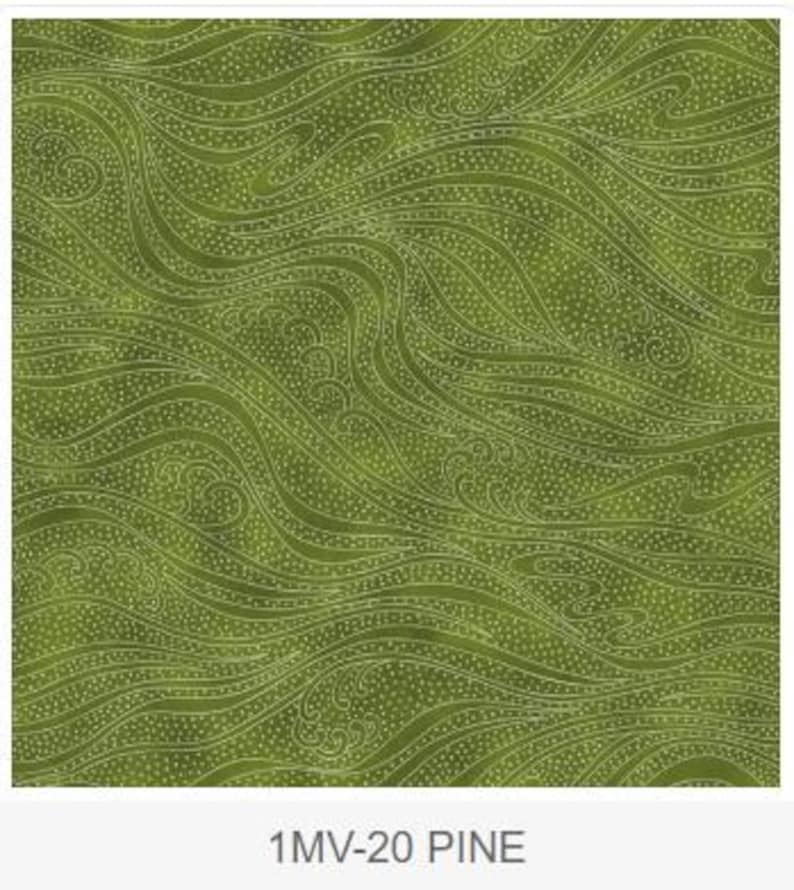 May include: Green fabric with a flowing, wave-like pattern. The design features white, dotted lines and swirls against a solid green background. The text "1MV-20 PINE" is at the bottom of the image.