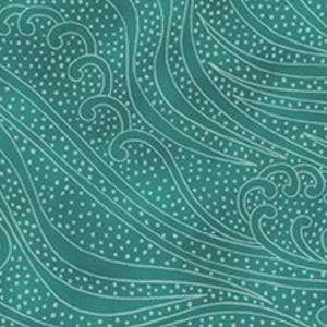 May include: Teal fabric with a white wave pattern and small white dots. The design features stylized waves with curved lines and swirling details, creating a flowing, aquatic aesthetic. The overall effect is a textured, patterned surface.