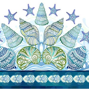 May include: A decorative fabric design featuring various seashells and starfish in shades of blue, teal, and green. The design includes detailed patterns and a dark blue border with floral accents. The background is a light blue with wave-like patterns.