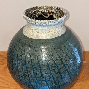 Rounded STONEWARE VASE by TC Pottery Studio - Blue Crackled Art Glazes - Handmade