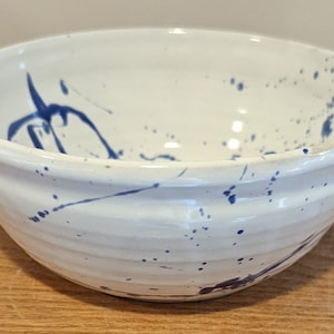 STONEWARE BOWL by TC Pottery Studio- Blue Spattered over White Art Glazes - Handmade