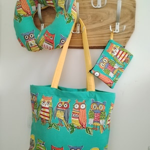 Tote Bag with Purse Neck travel Pillow Beach Shopping Shoulder Bag Fun colorful owl print fabric Handmade bag Travel pillow Boho Tote Bag