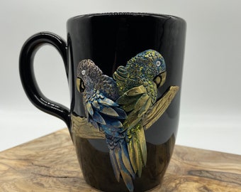 Handmade Bird Mug: Fimo Clay Pottery Cup, Peacock Design