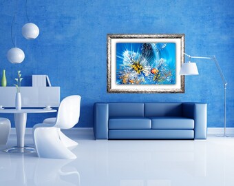 Original Abstract Painting: Blue, Brown, Gold Acrylics, Copper Embossed