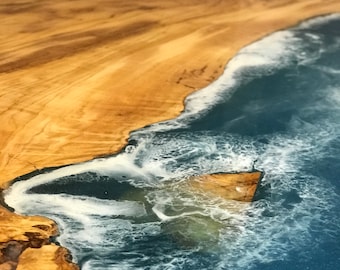 Handmade Olive Wood Resin Coffee Table: Sea Wave Effect
