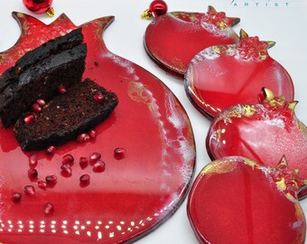 Handmade Pomegranate Resin Serving Tray & Coasters Set