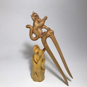 Hand Carved Wooden Hair Fork &quot;Cat&quot;, wooden hair fork, bun holder, wooden hair stick, hair barrette, wooden hair comb