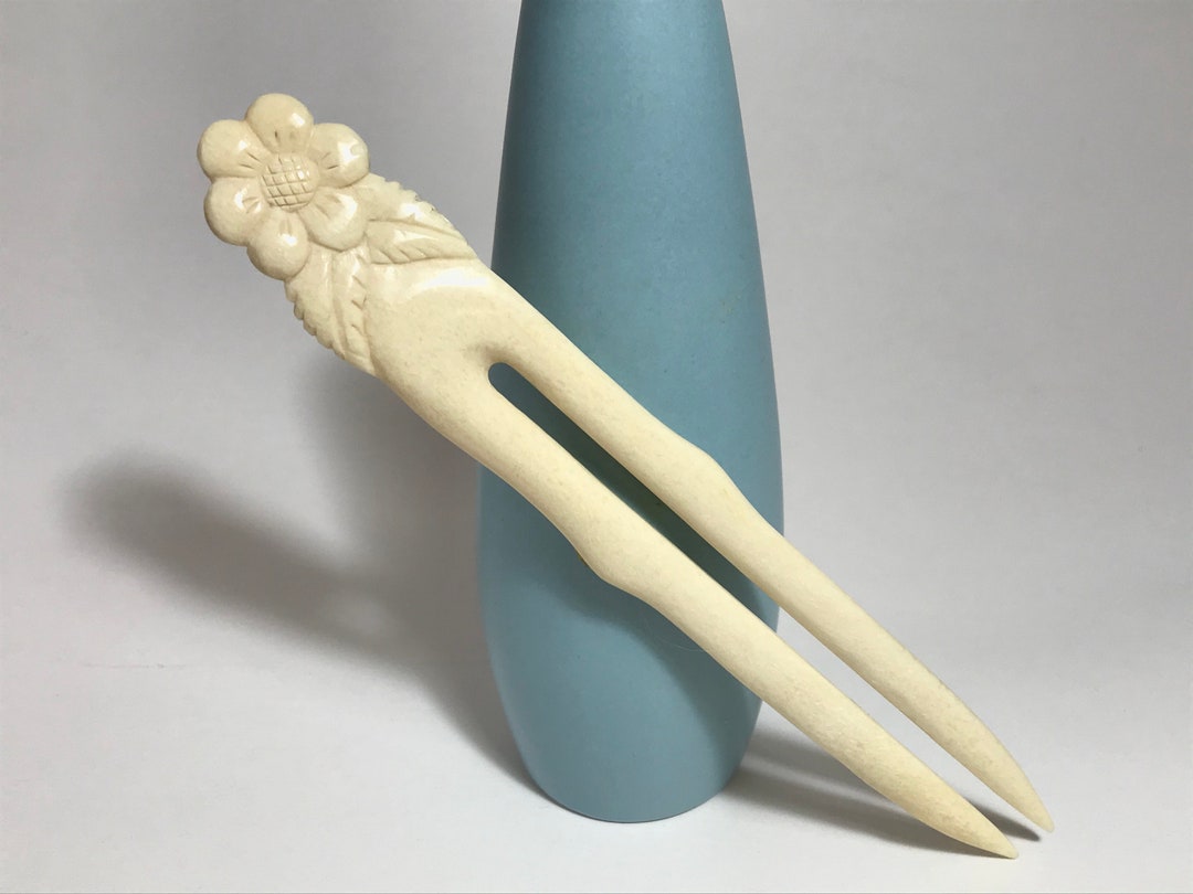 Unique Hand Carved of Bone Hair Fork, Bone Barrette, Two Prong Hair