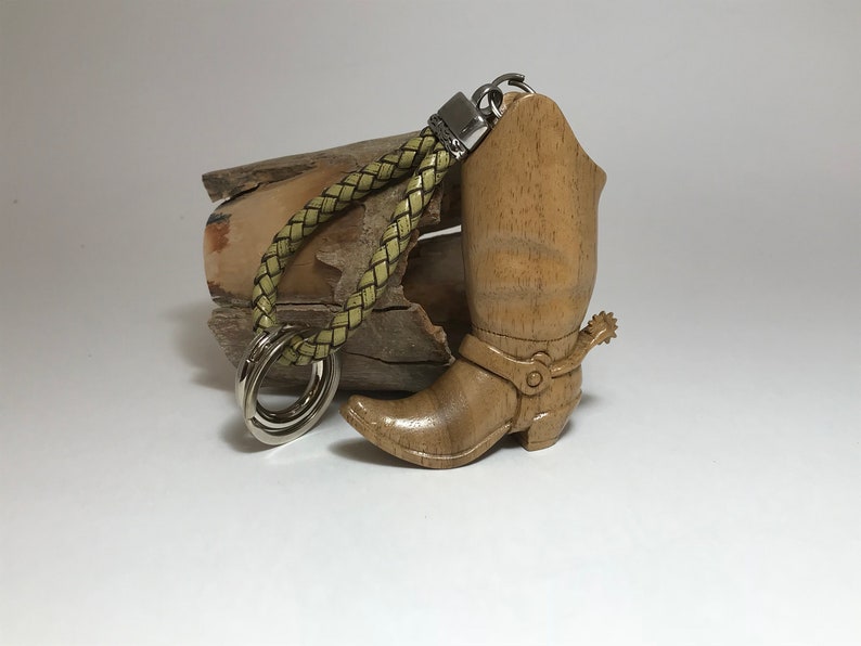 Hand Carved Wooden Pendant, Key Chain Boot with a Spur, Husband Birthday present, Unique gift for him, Leather Key chain, Wooden statues image 10