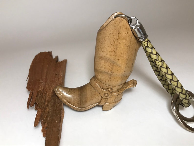 Hand Carved Wooden Pendant, Key Chain Boot with a Spur, Husband Birthday present, Unique gift for him, Leather Key chain, Wooden statues image 1