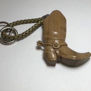 Hand Carved Wooden Pendant, Key Chain Boot with a Spur, Husband Birthday present, Unique gift for him, Leather Key chain, Wooden statues image 9