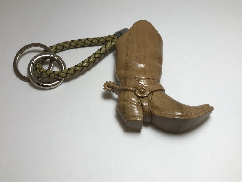 Hand Carved Wooden Pendant, Key Chain Boot with a Spur, Husband Birthday present, Unique gift for him, Leather Key chain, Wooden statues image 9