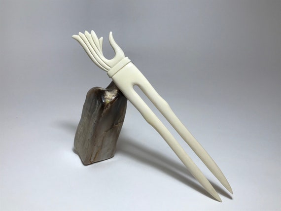 Unique Hand Carved Bone Hair Fork, Two Prong Hair Fork, Bone  display picture 1