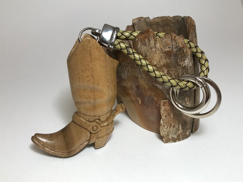 Hand Carved Wooden Pendant, Key Chain Boot with a Spur, Husband Birthday present, Unique gift for him, Leather Key chain, Wooden statues image 5